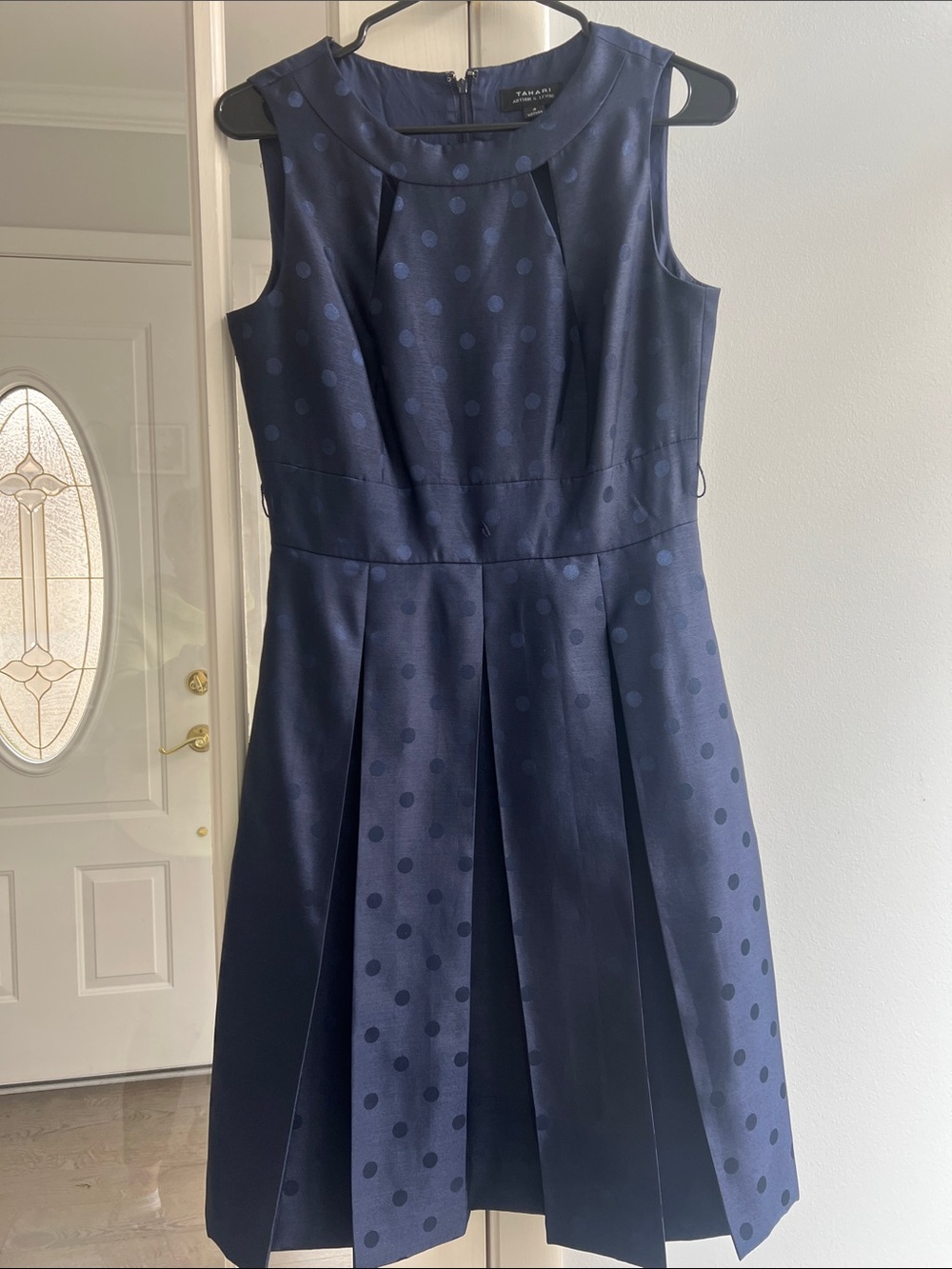 Tahari Navy Polka-Dot Pleated Sleeveless Dress - missing belt